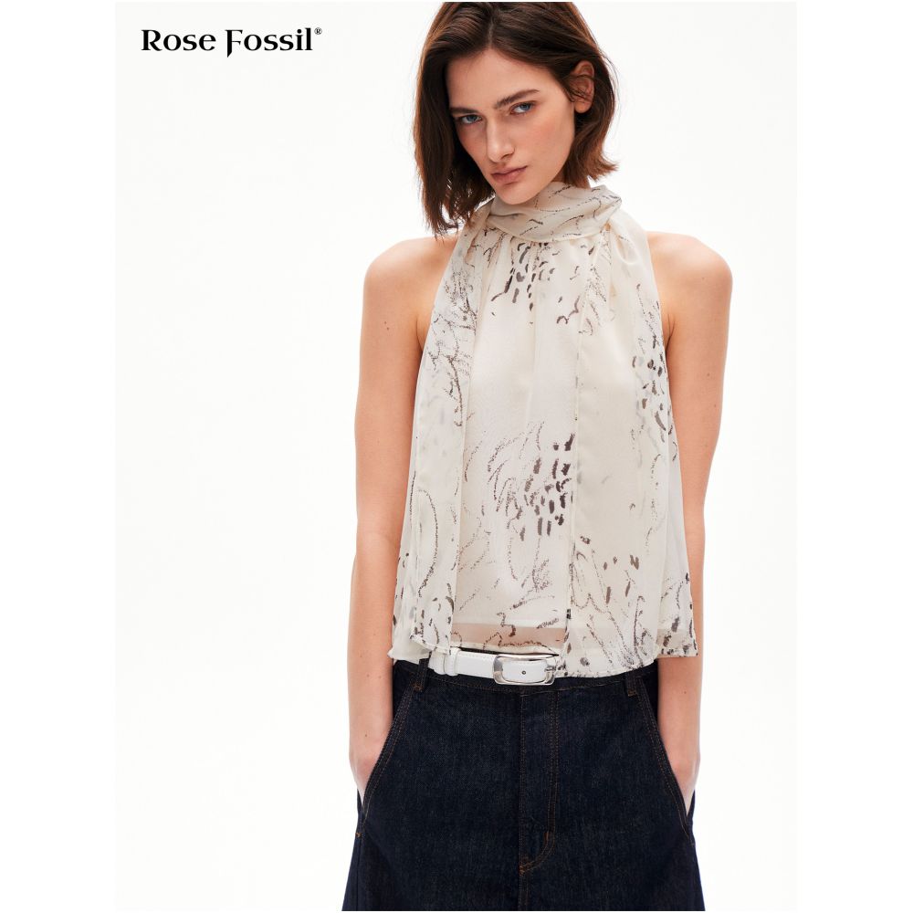 RoseFossil Hand Painted Tulle Print Summer Commuter Halter Neck Top Elegant and Sophisticated Tie Waist Sleeveless Vest image 2