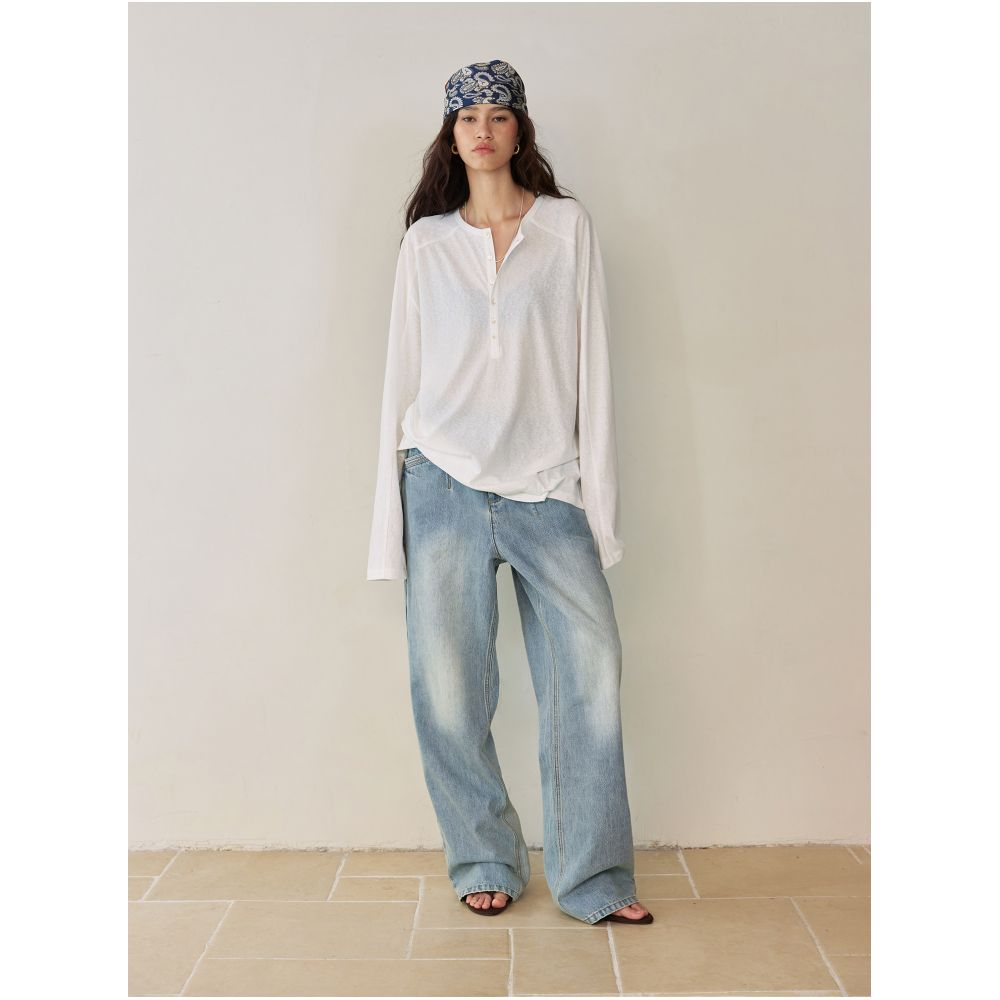 ASAYA7454 – Modern Vintage Airy Henley Top 🖤🤍
