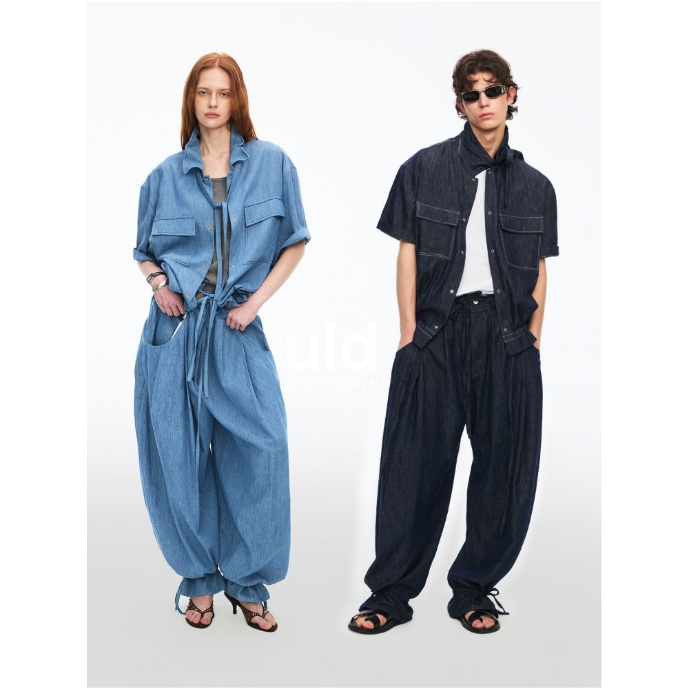 ULD French made linen modern boho distressed air denim washed adjustable collar multi wear shirt and pants set image 1