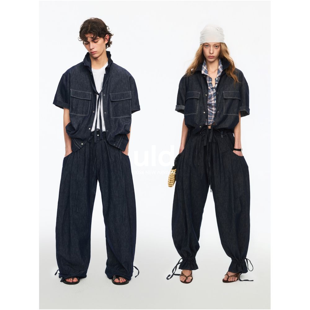 ULD French made linen modern boho distressed air denim washed adjustable collar multi wear shirt and pants set image 2