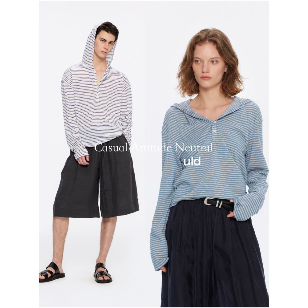 ULD Linen Series 90s French made linen natural yarn dyed striped retro hooded Henley collar coat image 1