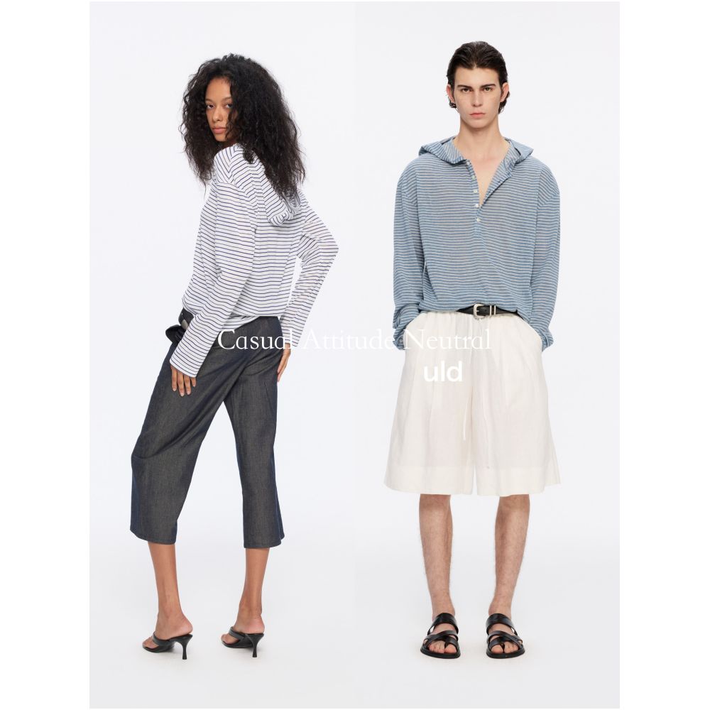 ULD Linen Series 90s French made linen natural yarn dyed striped retro hooded Henley collar coat image 2