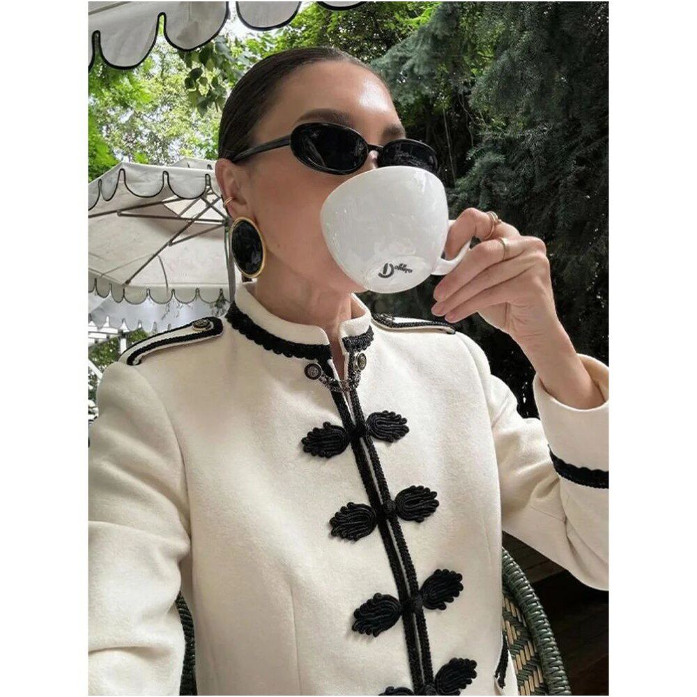 Women Woven Patchwork Crop Jacket Shoulder Pad Frog Button L image 0
