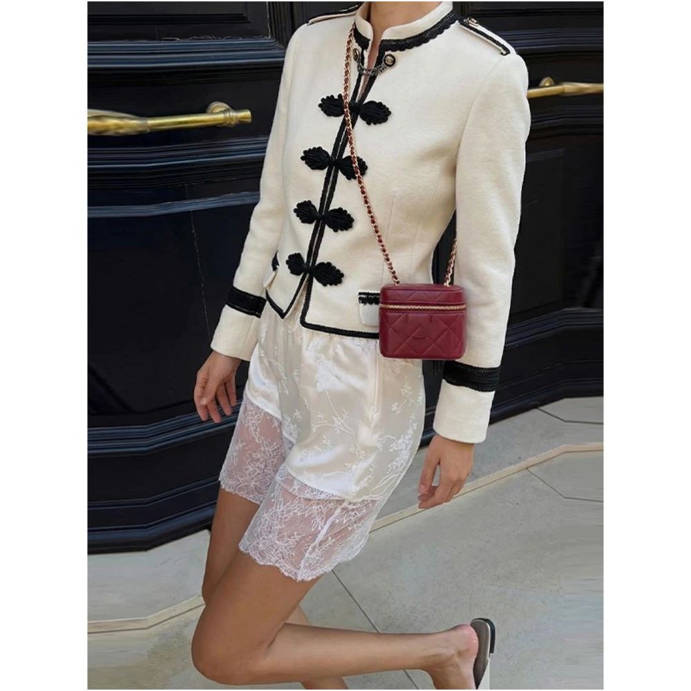 Women Woven Patchwork Crop Jacket Shoulder Pad Frog Button L image 2