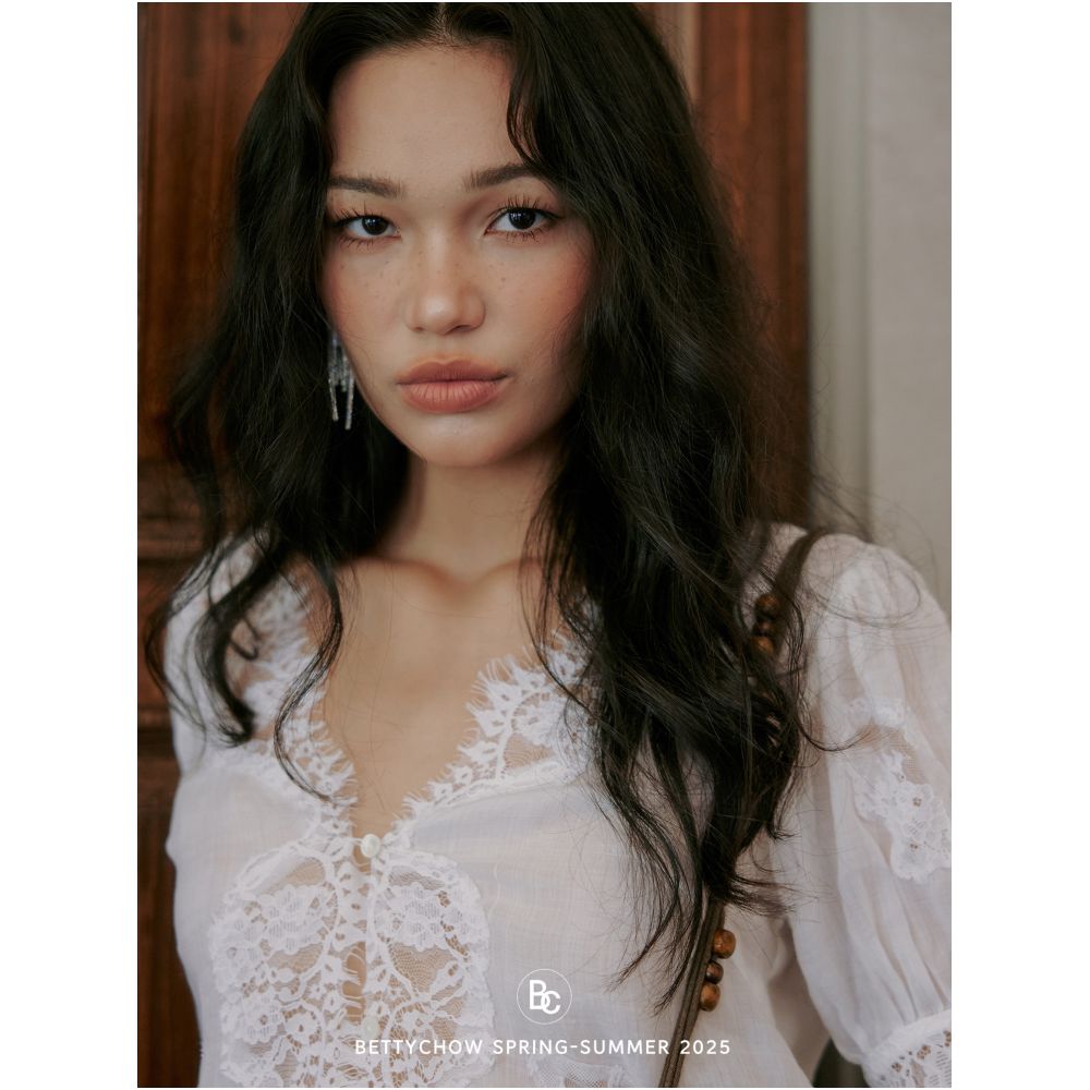 Bettychow ramie white lace sheer blouse vintage French style V neck trim cool and elegant top image 2