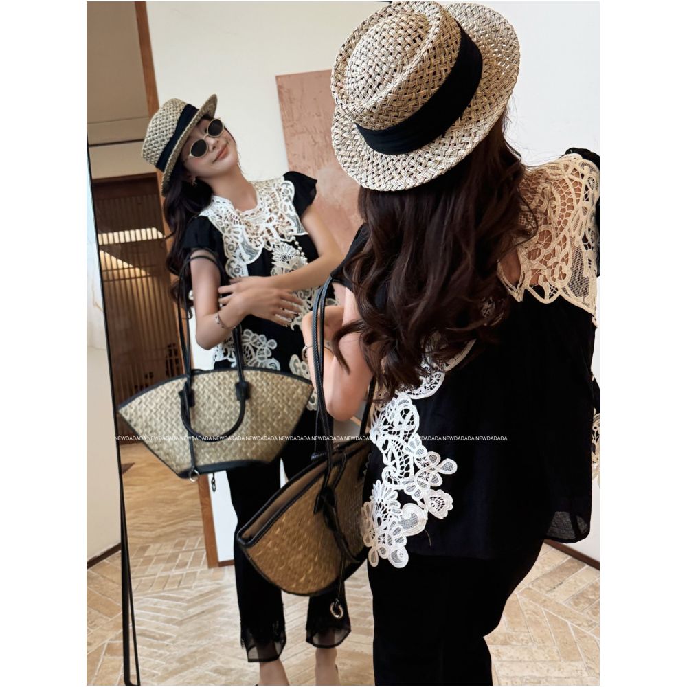NEW DADADA Elegant and Gentle French Style Loose Lace T Shirt for Women with Hollow Out Design image 1