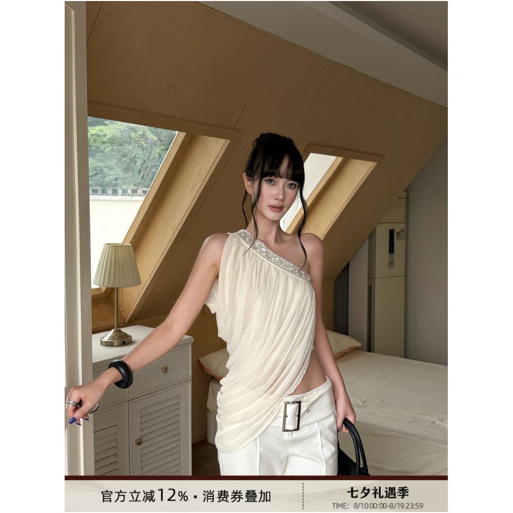 VENUIE elegant apricot colored pleated chiffon blouse short French style summer unique design off shoulder top image 0