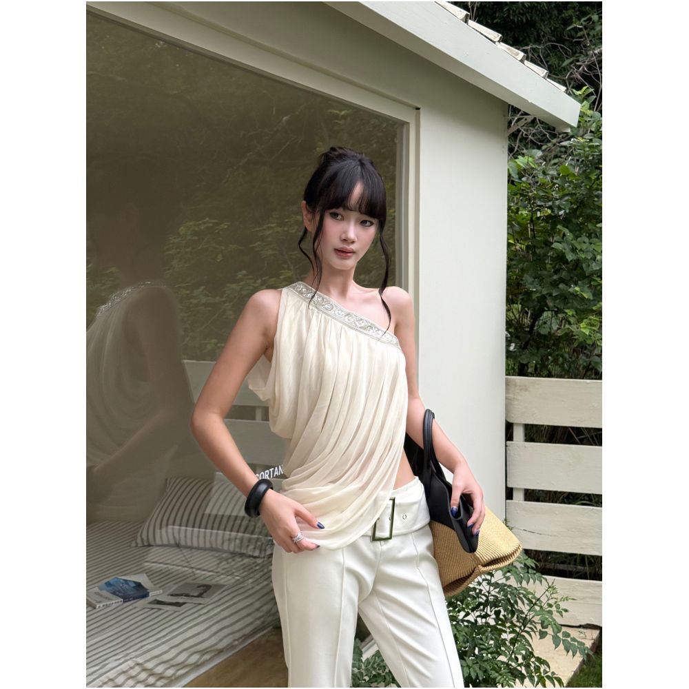 VENUIE elegant apricot colored pleated chiffon blouse short French style summer unique design off shoulder top image 1