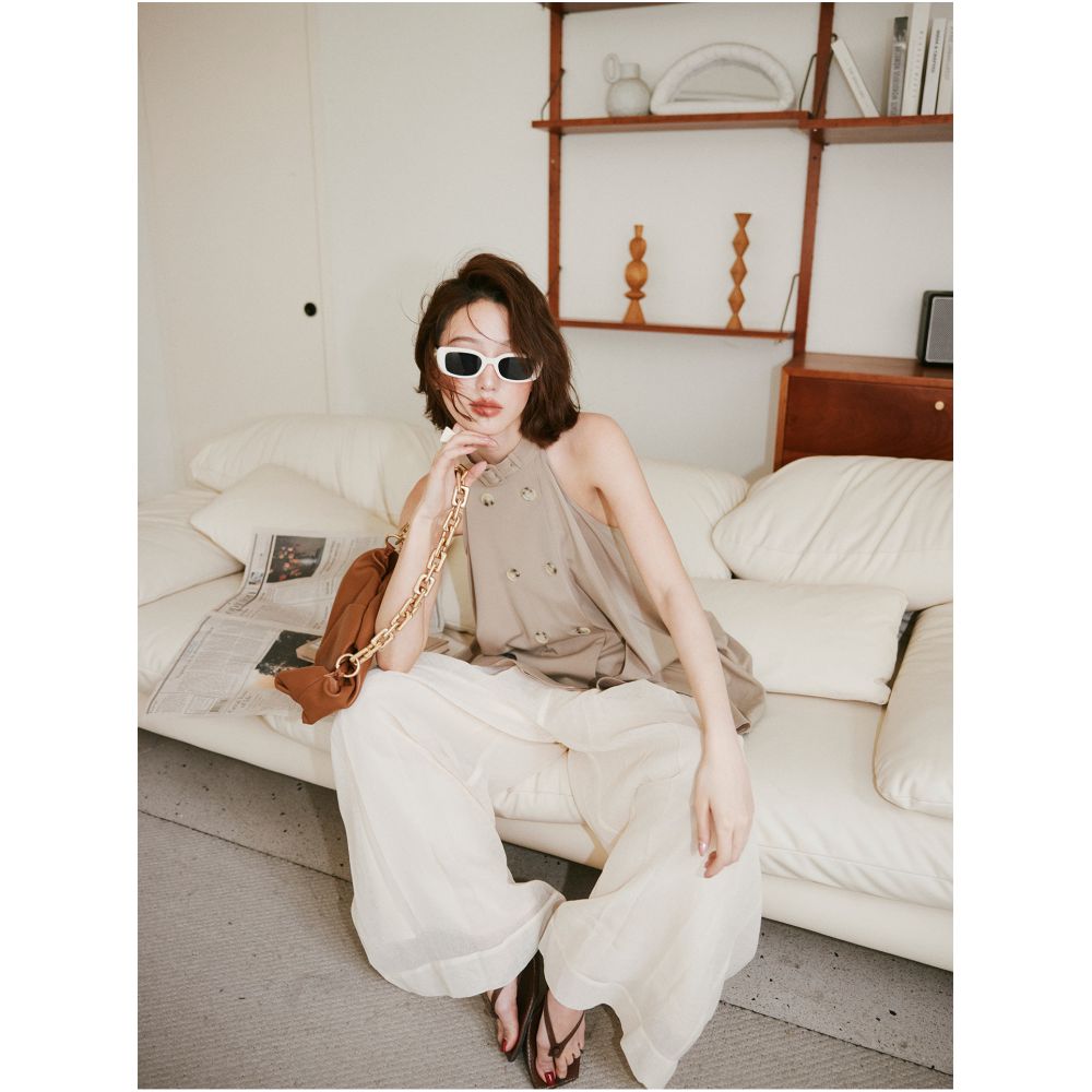 Rosebanks Cosplay Office Lady Style Khaki Sleeveless Double Breasted Halter Top image 1