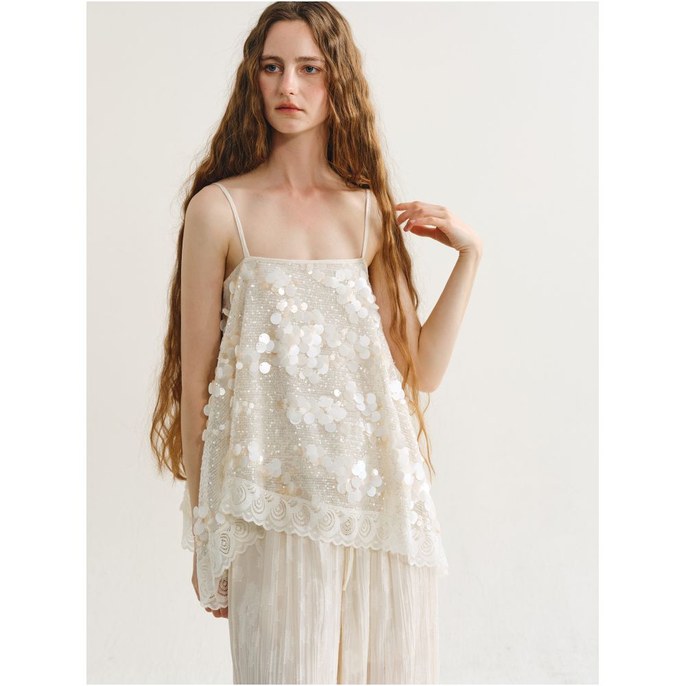 MANEatelier designer brand seashell sequined lace trim camisole top for women off the shoulder and loose fit image 0