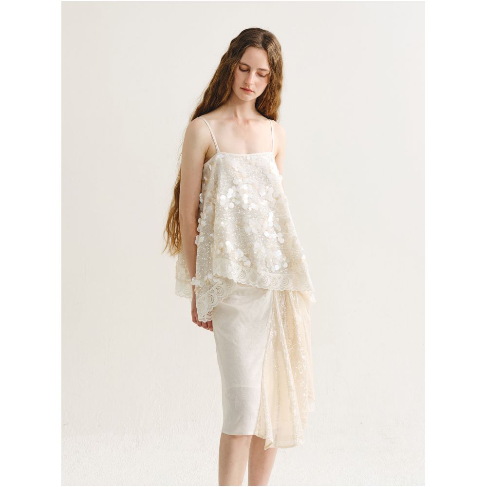 MANEatelier designer brand seashell sequined lace trim camisole top for women off the shoulder and loose fit image 2