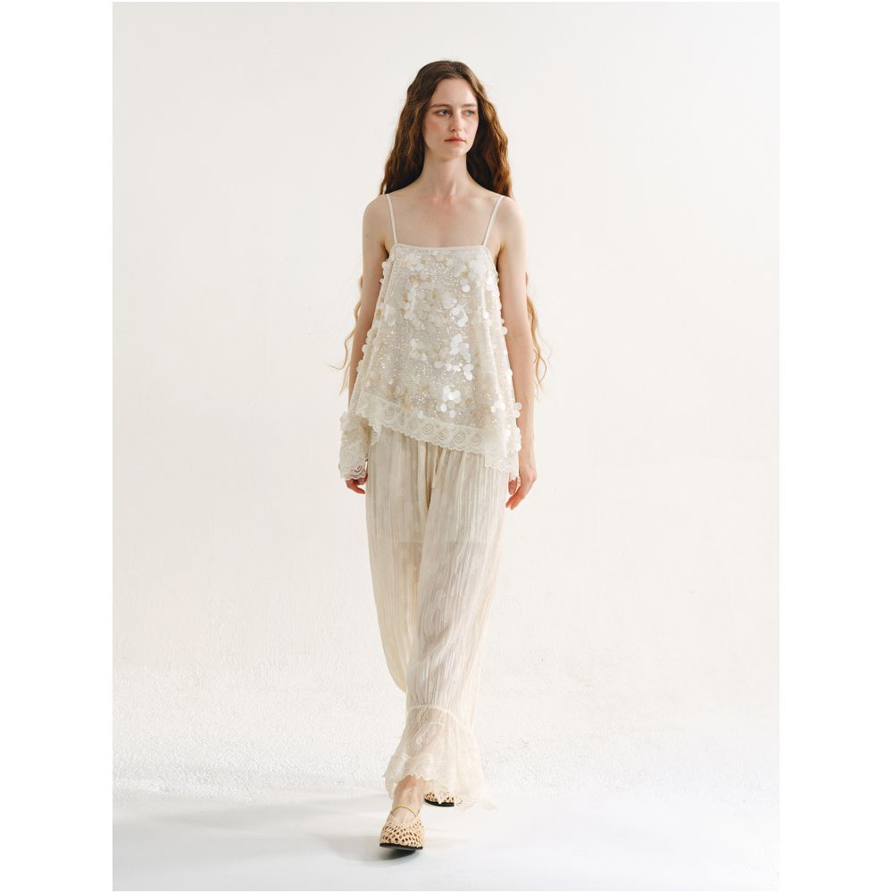 MANEatelier designer brand seashell sequined lace trim camisole top for women off the shoulder and loose fit image 3