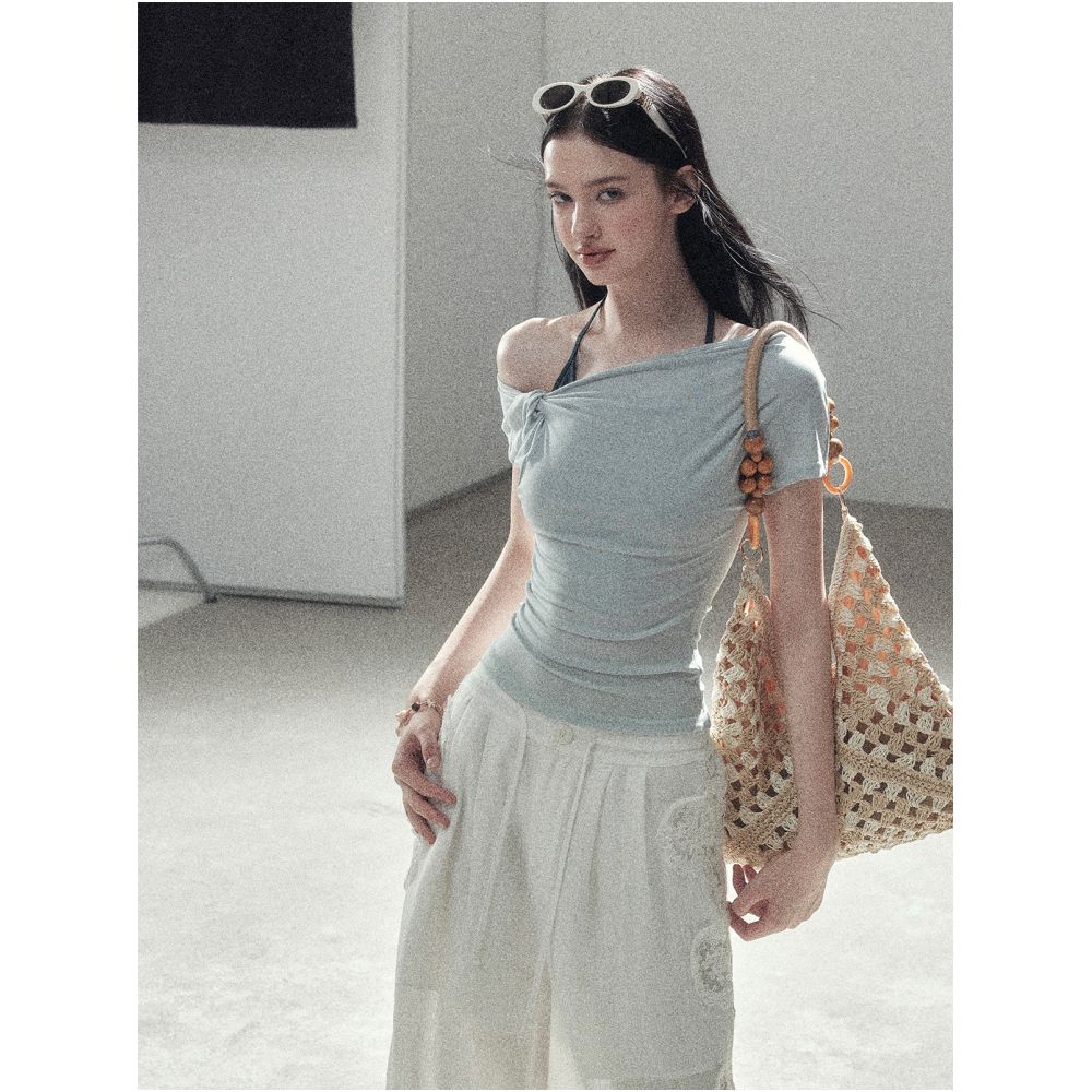 AOMALM Asymmetrical Dream Faux Two Piece Short Sleeved Halter Neck Off Shoulder T Shirt for Women Summer Commuter Top image 3