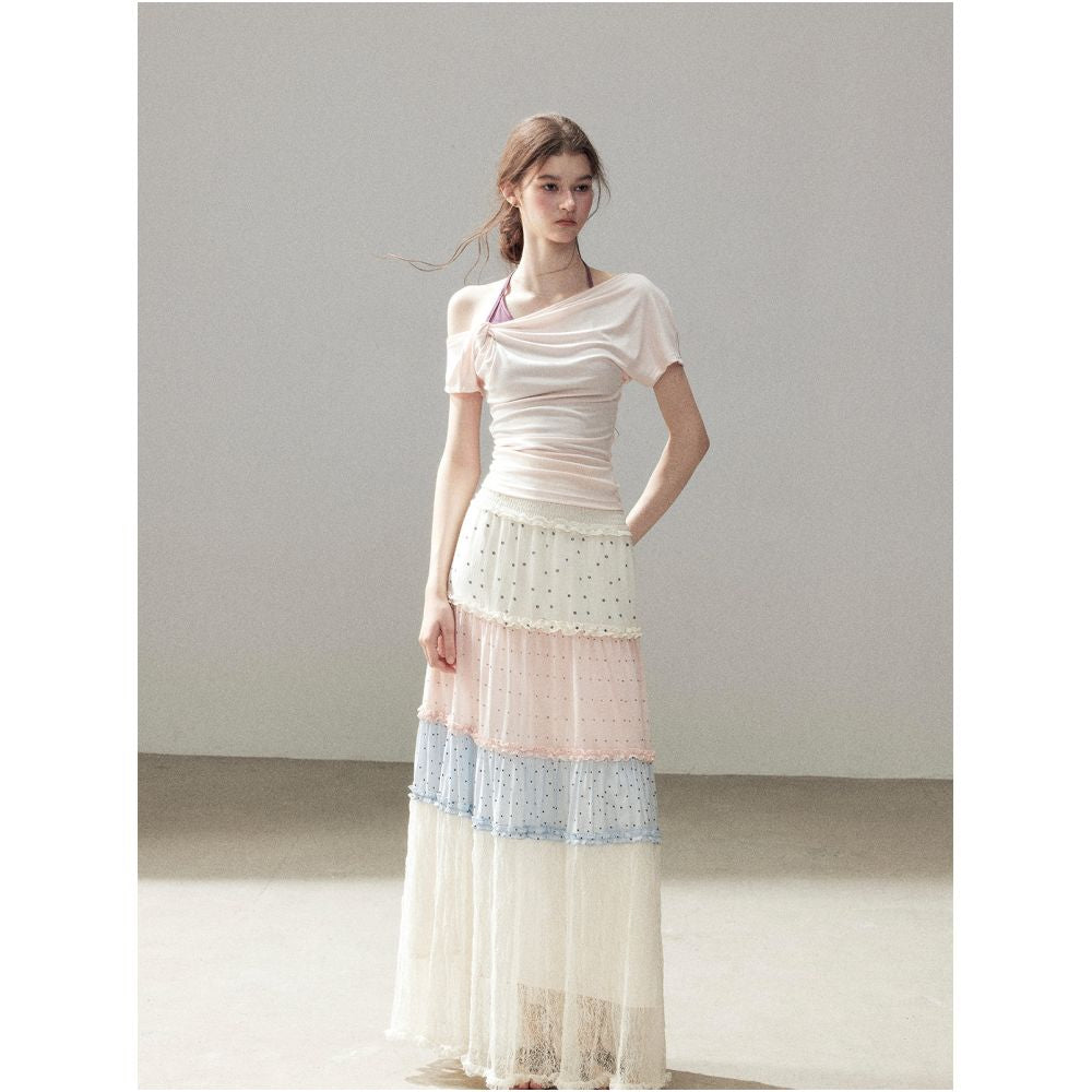 AOMALM Asymmetrical Dream Faux Two Piece Short Sleeved Halter Neck Off Shoulder T Shirt for Women Summer Commuter Top image 4