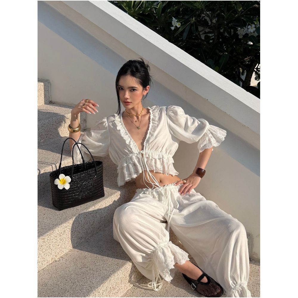 Rovente Sunny Paris White Lace Trim Jogger Pants Summer Thin Loose Cropped Lantern Pants image 1