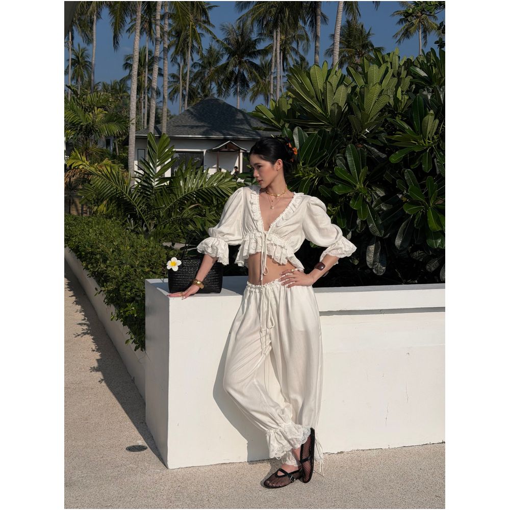 Rovente Sunny Paris White Lace Trim Jogger Pants Summer Thin Loose Cropped Lantern Pants image 2
