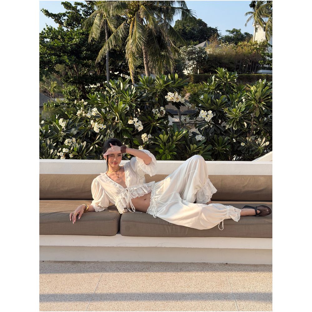 Rovente Sunny Paris White Lace Trim Jogger Pants Summer Thin Loose Cropped Lantern Pants image 3
