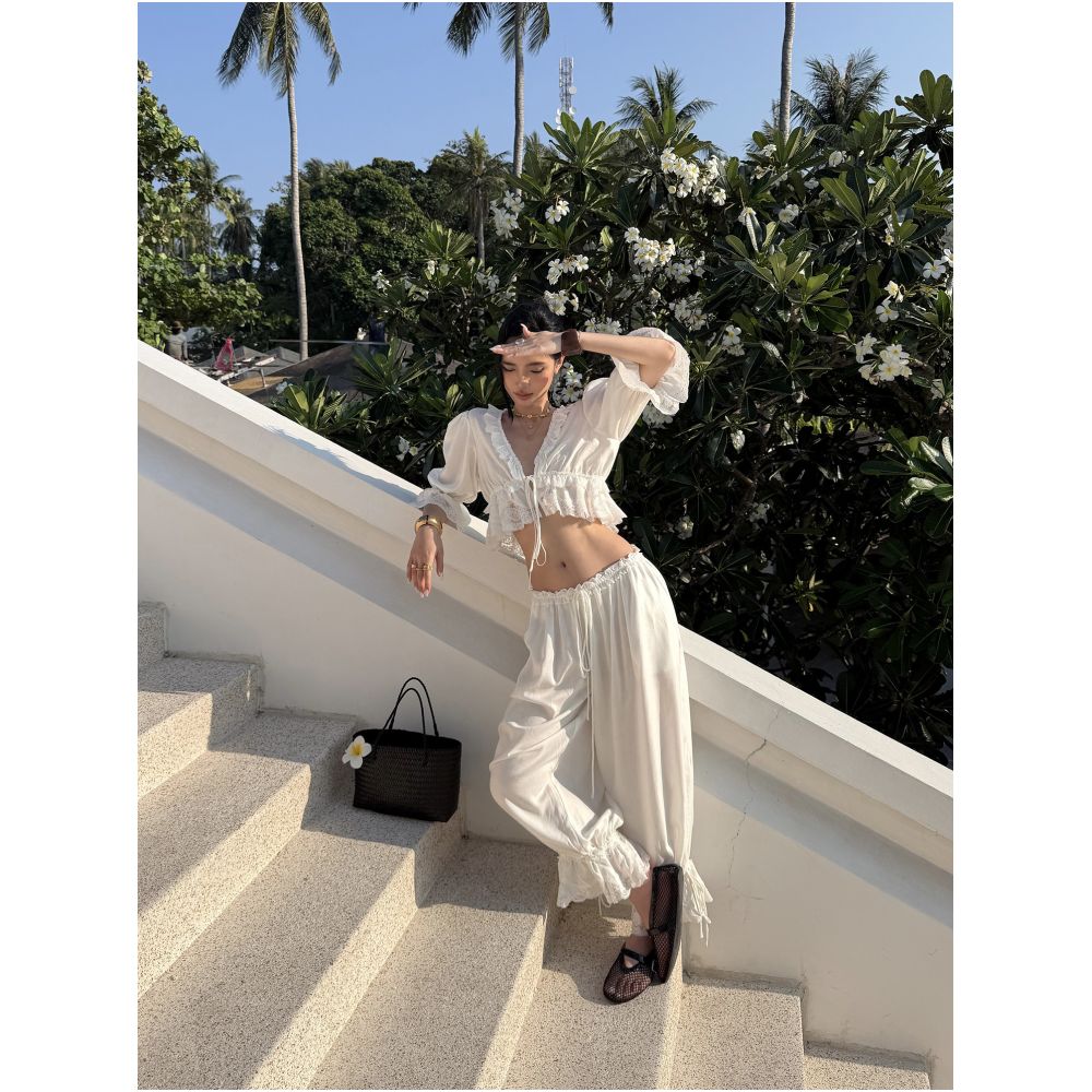 Rovente Sunny Paris White Lace Trim Jogger Pants Summer Thin Loose Cropped Lantern Pants image 4