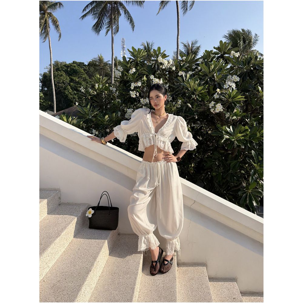 ASAYA7562 – Ivory Riviera Lace Jogger Pants 🤍🌴
