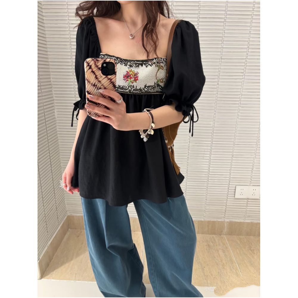 Ceiling ICE Heavy Duty Beaded Square Neck Top with Retro Puff Sleeves Stage Blouse Lace Trimmed Shorts Set image 1