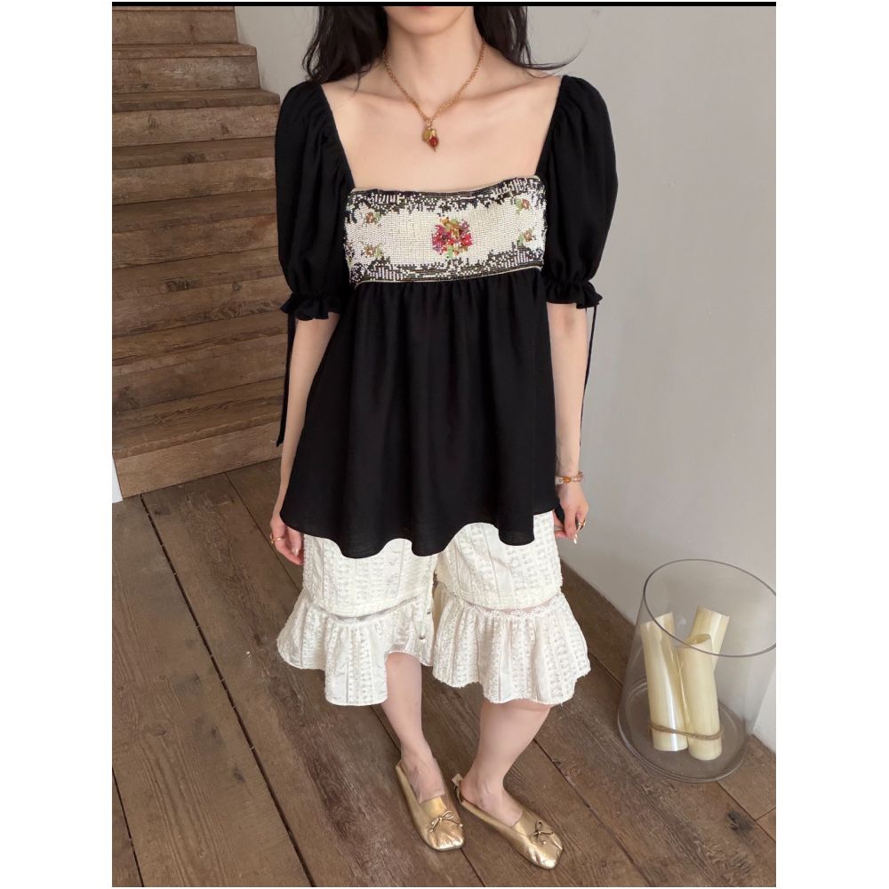 Ceiling ICE Heavy Duty Beaded Square Neck Top with Retro Puff Sleeves Stage Blouse Lace Trimmed Shorts Set image 3