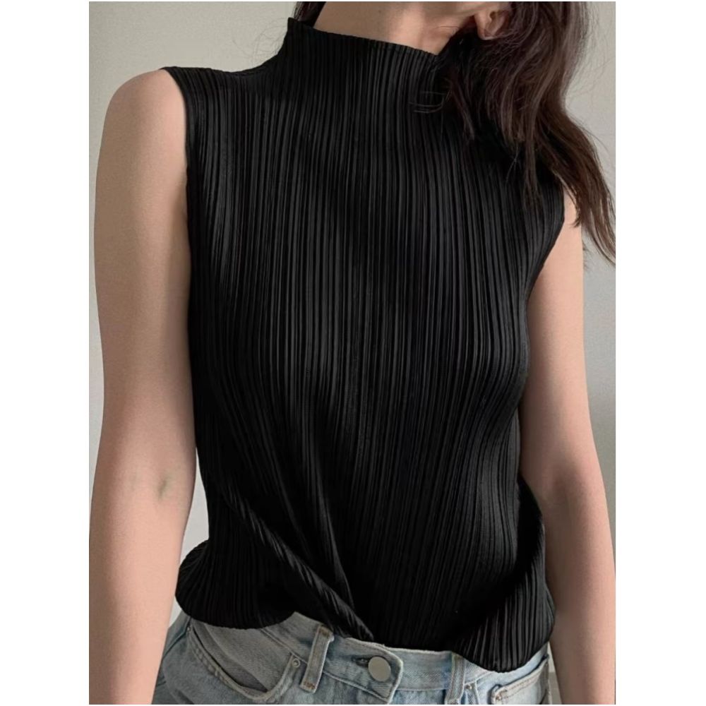 Superb item A black high neck sleeveless vest with pleats perfect for summer New summer style skin friendly and breathable image 0