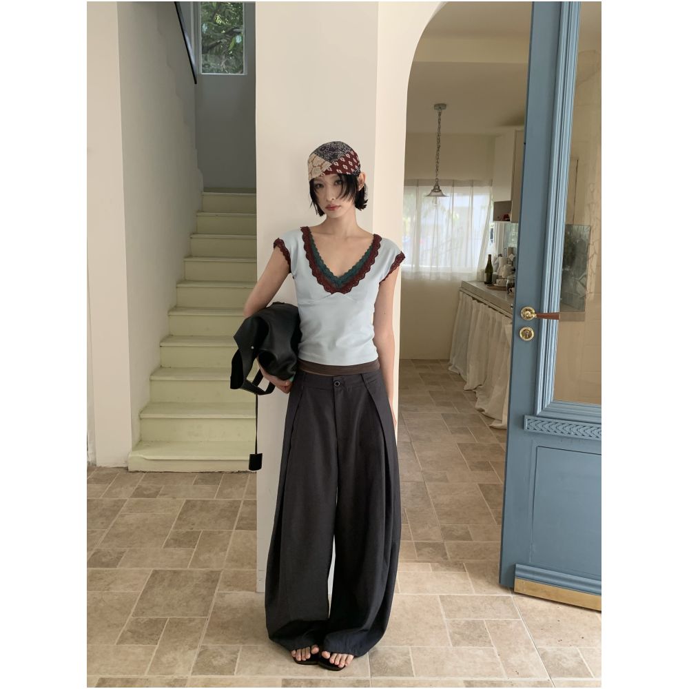 Esu Original Design Color Blocked Double Lace Wide Shoulder Strap Vest for Women Fashionable Short Sleeve T Shirt High End Chic image 2