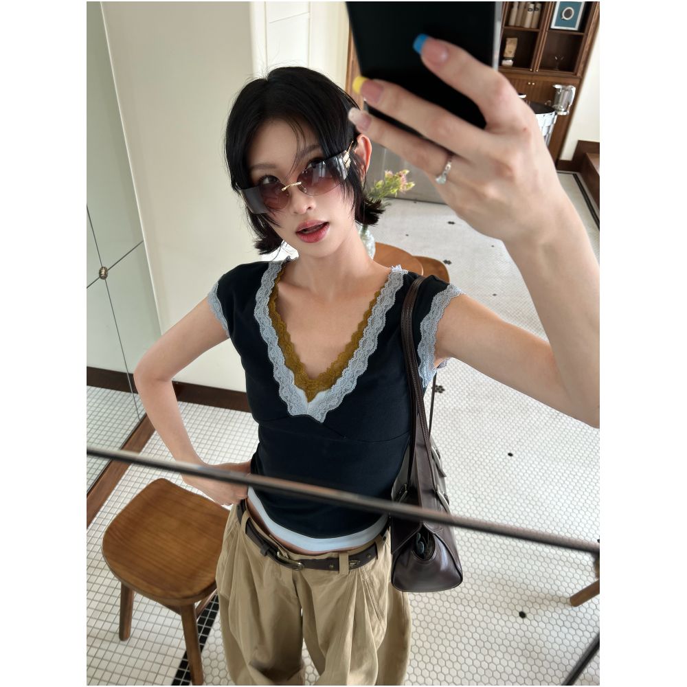 Esu Original Design Color Blocked Double Lace Wide Shoulder Strap Vest for Women Fashionable Short Sleeve T Shirt High End Chic image 4