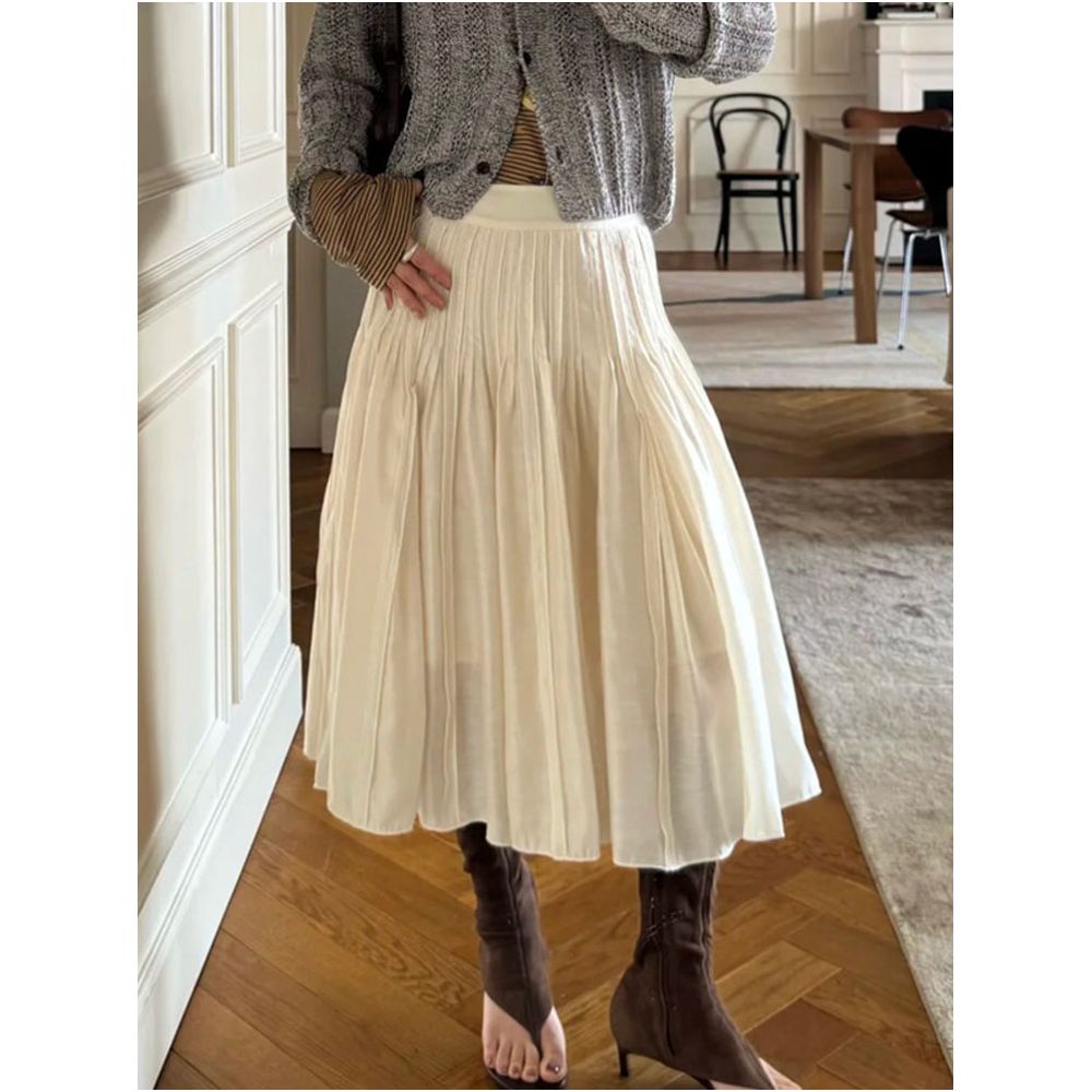 Sage pleated tuck A line midi skirt slimming A line style French retro versatile skirt for work women image 0