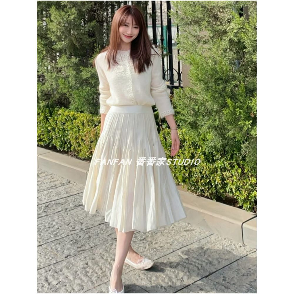 Sage pleated tuck A line midi skirt slimming A line style French retro versatile skirt for work women image 1