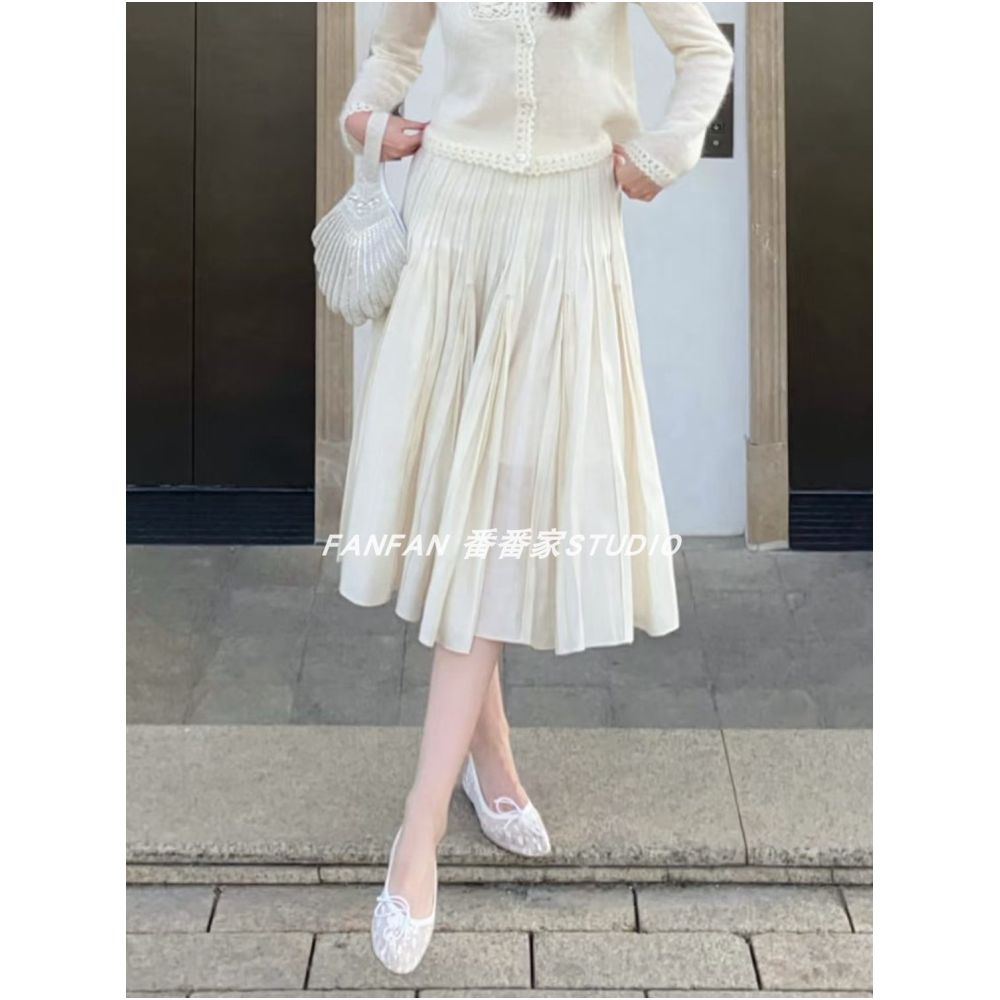 Sage pleated tuck A line midi skirt slimming A line style French retro versatile skirt for work women image 2