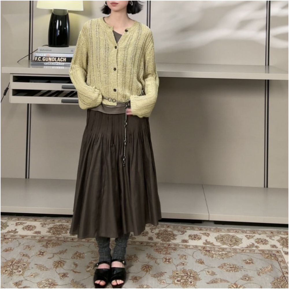 ASAYA7570 – Parisian Flow Pleated Midi Skirt 🤍🤎