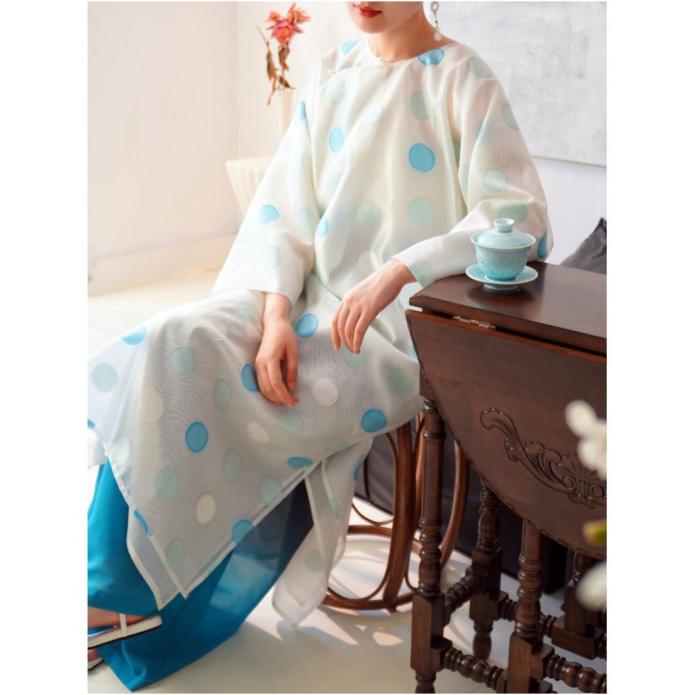 TAORAN Women s Reversible Polka Dot Chinese Style Cheongsam Long Shirt Women s Loose Zen Tea Dress Fairy Outer Dress image 0