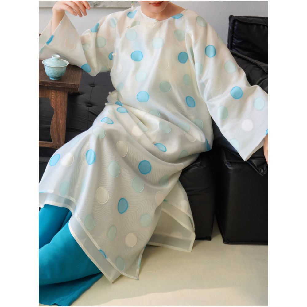 TAORAN Women s Reversible Polka Dot Chinese Style Cheongsam Long Shirt Women s Loose Zen Tea Dress Fairy Outer Dress image 1