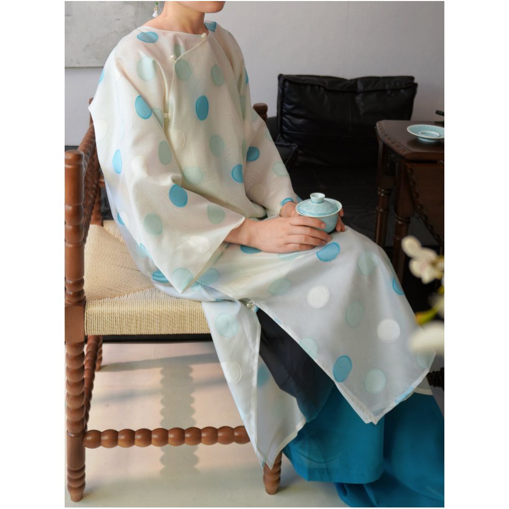 TAORAN Women s Reversible Polka Dot Chinese Style Cheongsam Long Shirt Women s Loose Zen Tea Dress Fairy Outer Dress image 2