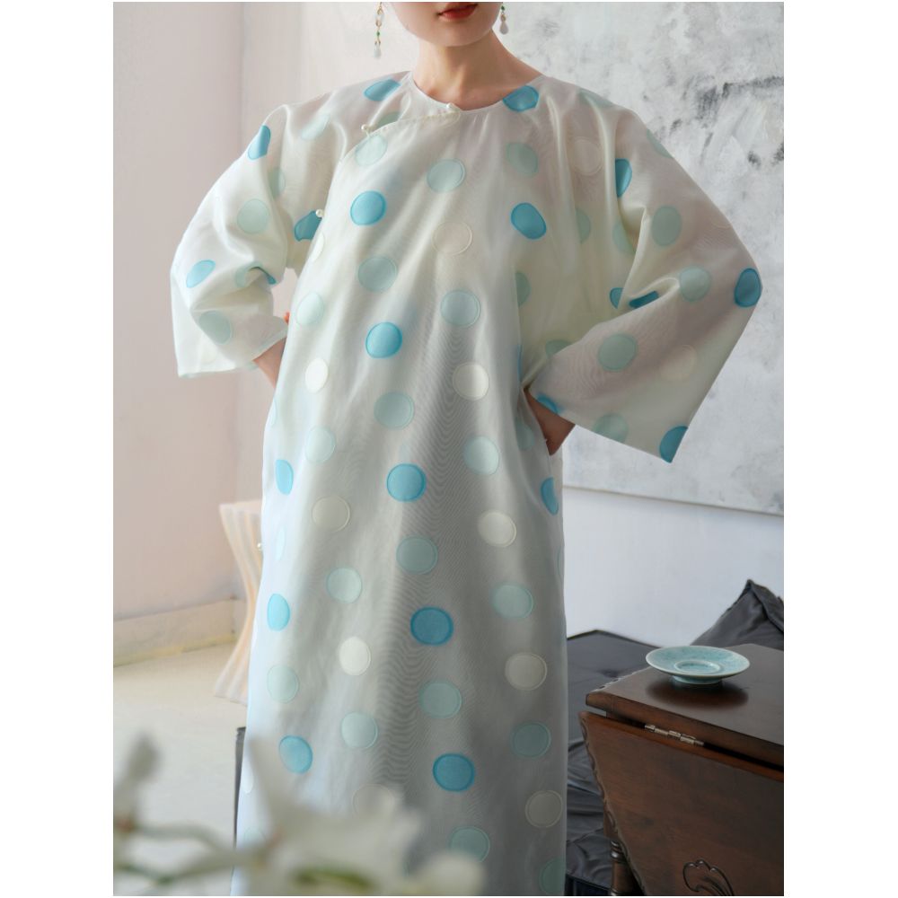 TAORAN Women s Reversible Polka Dot Chinese Style Cheongsam Long Shirt Women s Loose Zen Tea Dress Fairy Outer Dress image 3