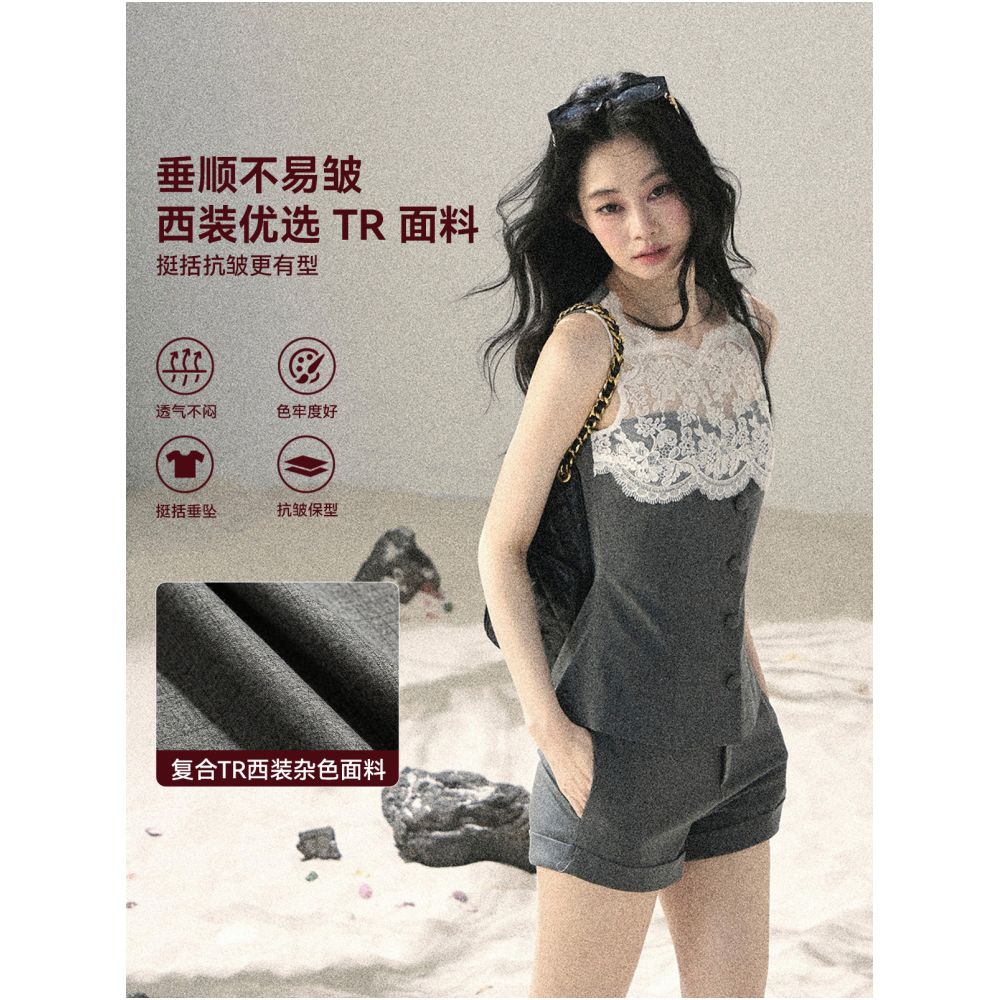 AOMALM s Seeing Flowers Through the Mist High End French Lace Suit for Women Summer Two Piece Set Top and Shorts image 1