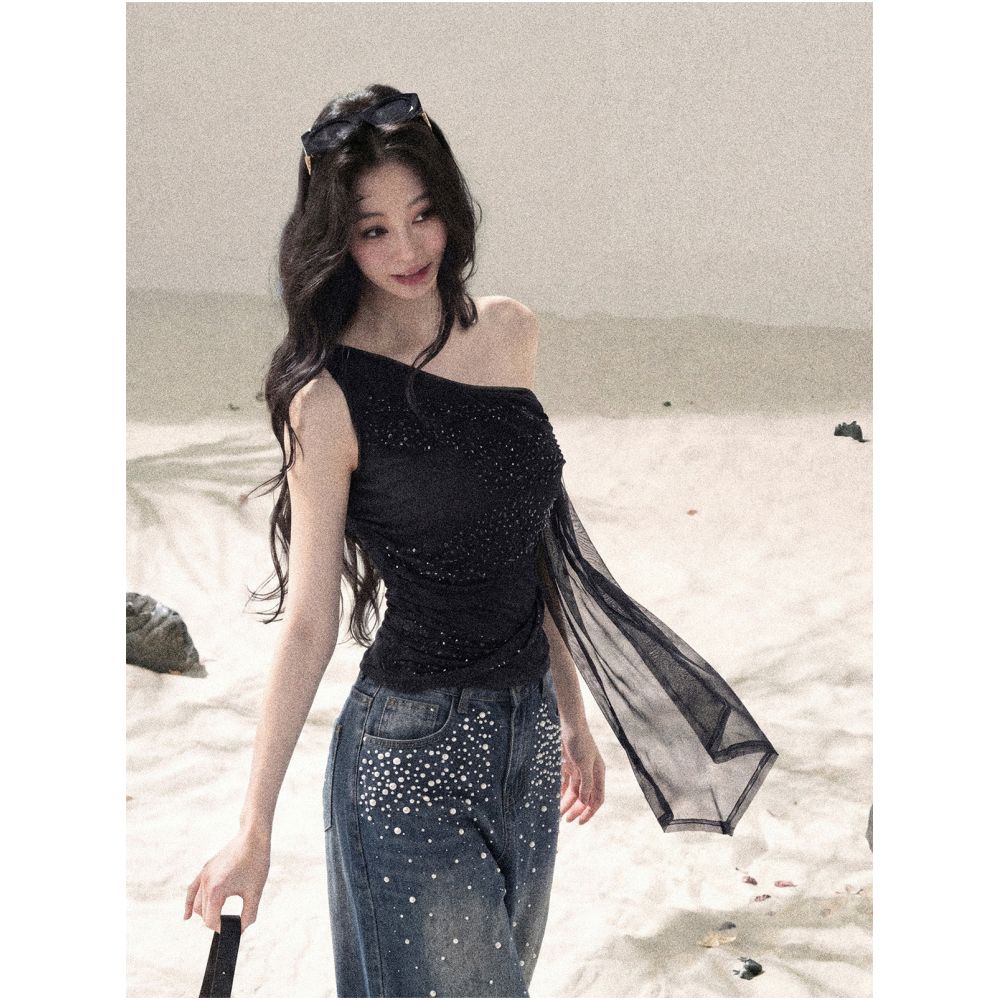 AOMALM s Starlight Crushed by the Wind French Chic Mesh Rhinestone Dress Women s Summer Short Skirt image 3
