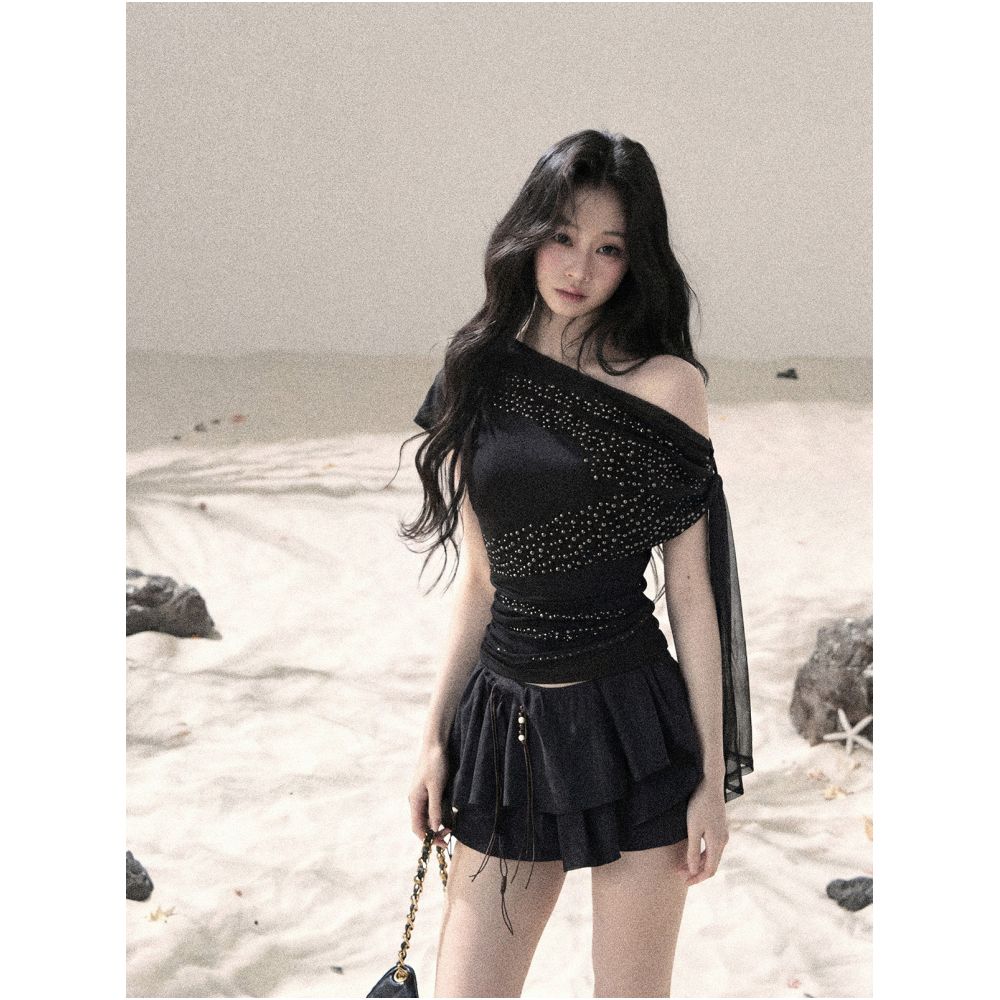 AOMALM s Starlight Crushed by the Wind French Chic Mesh Rhinestone Dress Women s Summer Short Skirt image 4