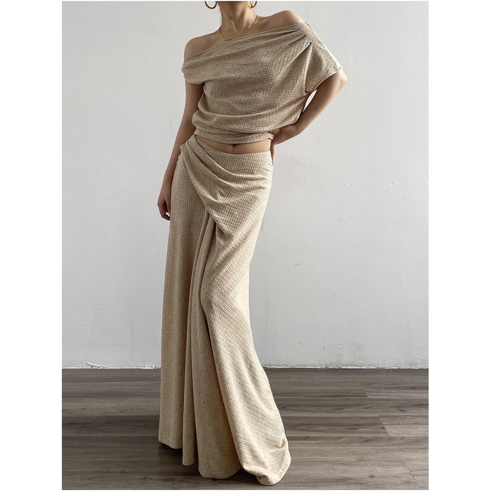 Acupstudio Jiang Youshang Hot Girl Off Shoulder Textured Short Sleeve T Shirt and Asymmetrical Long Skirt Set image 1