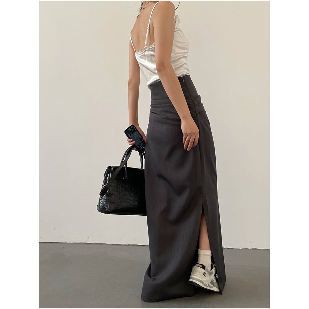 AcupStudio Jiang Youshang High waisted Pleated Slit Midi Skirt for Women Autumn Style Slimming A line Skirt image 0