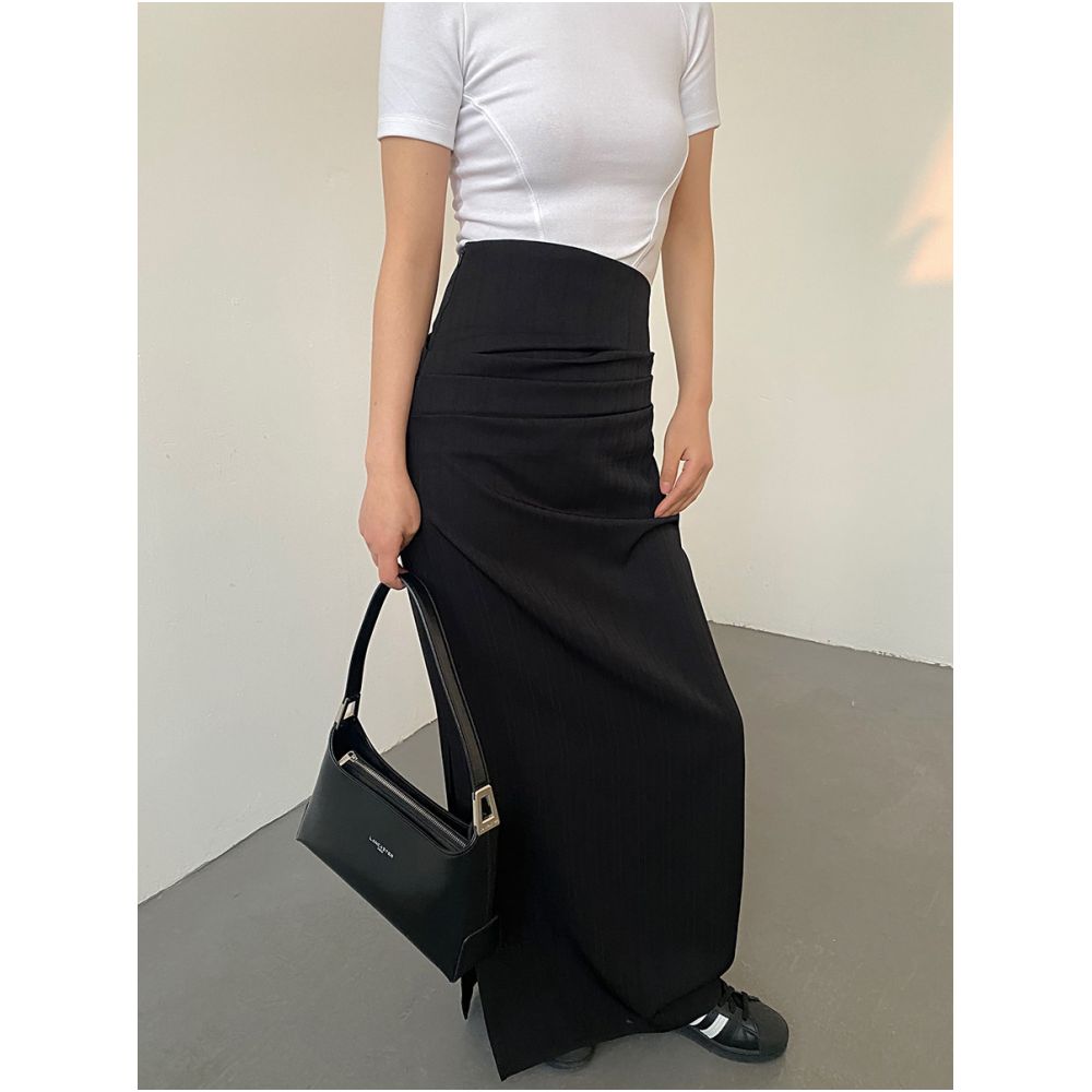 AcupStudio Jiang Youshang High waisted Pleated Slit Midi Skirt for Women Autumn Style Slimming A line Skirt image 1