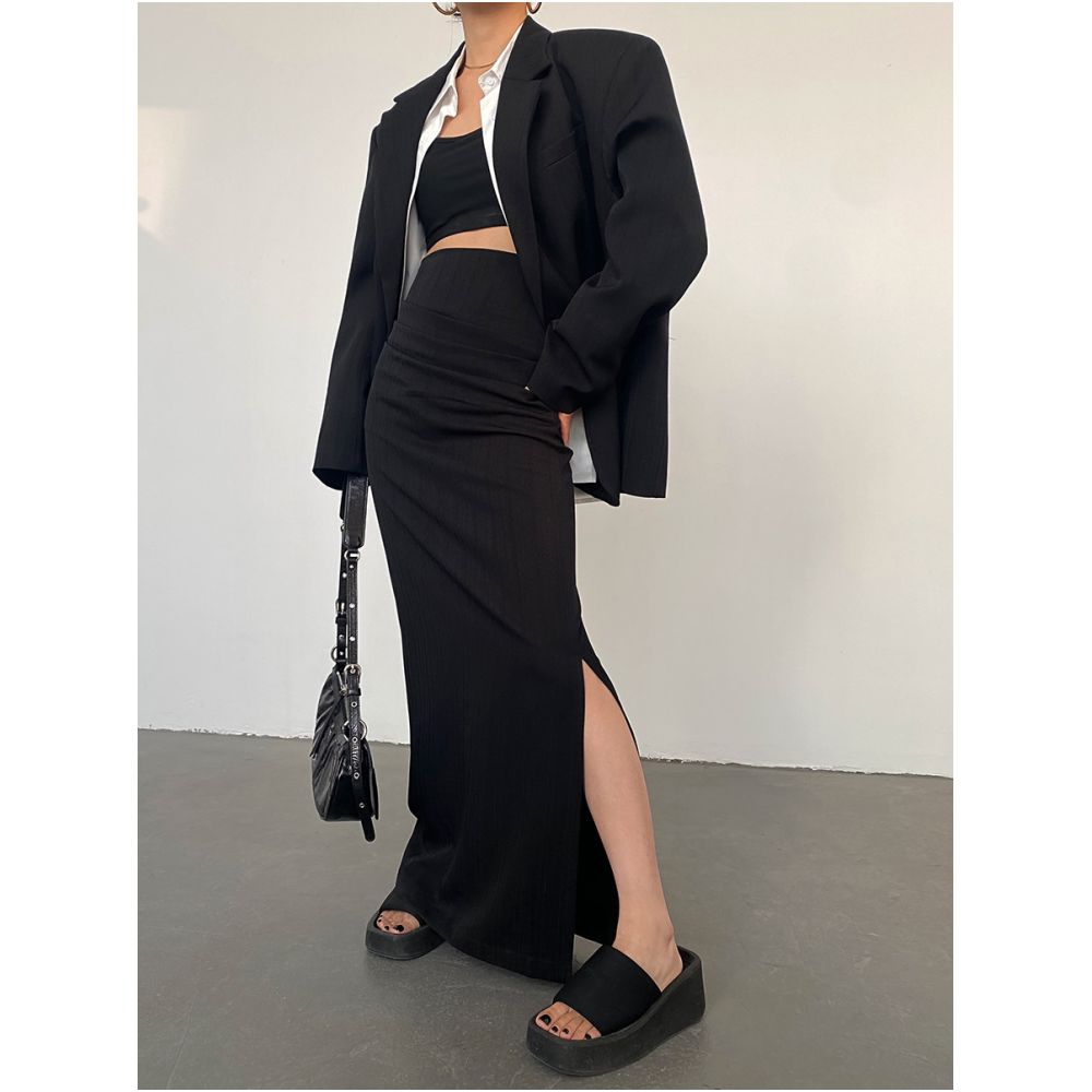 AcupStudio Jiang Youshang High waisted Pleated Slit Midi Skirt for Women Autumn Style Slimming A line Skirt image 3