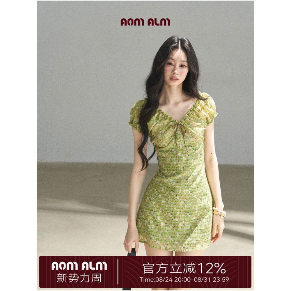 AOMALM s Breath of the Forest French Chiffon Embroidered Dress for Women Summer V Neck Puff Skirt Short Skirt image 0