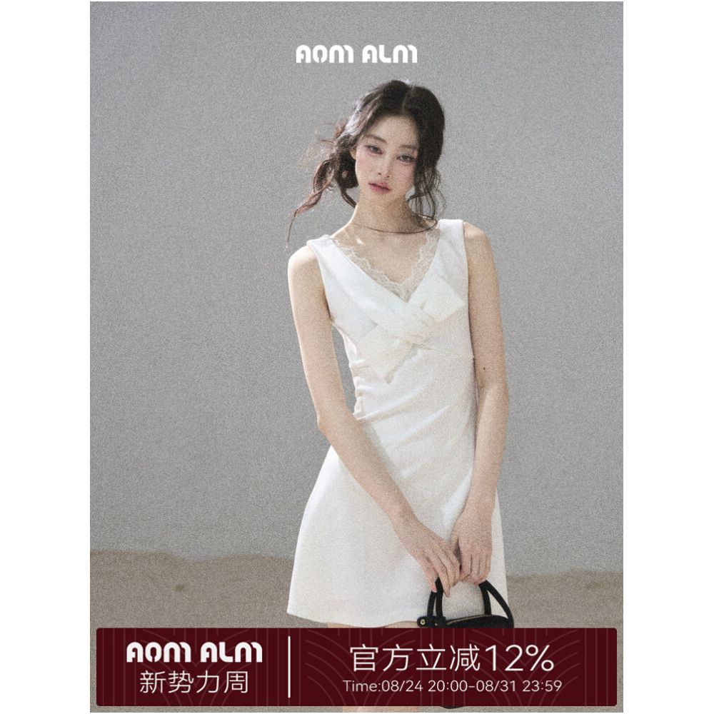 AOMALM s White Tea Under the Moonlight Korean Style V neck Lace Dress for Women Summer A line Puff Skirt Short Skirt image 0