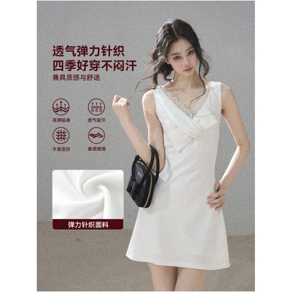 AOMALM s White Tea Under the Moonlight Korean Style V neck Lace Dress for Women Summer A line Puff Skirt Short Skirt image 1
