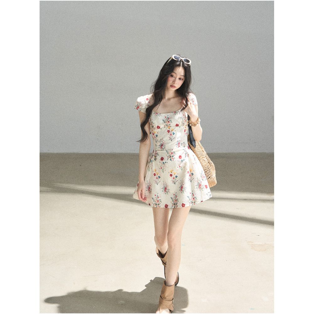 AOMALM s Blooming Flower French Chiffon Dress for Women Summer Puffy Floral Print Embroidered Mini Skirt image 3