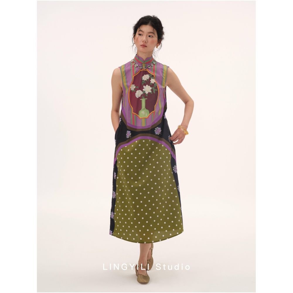 LINGYILI 2026 Summer Collection Original New Chinese Style Patchwork Print Casual Cheongsam image 1