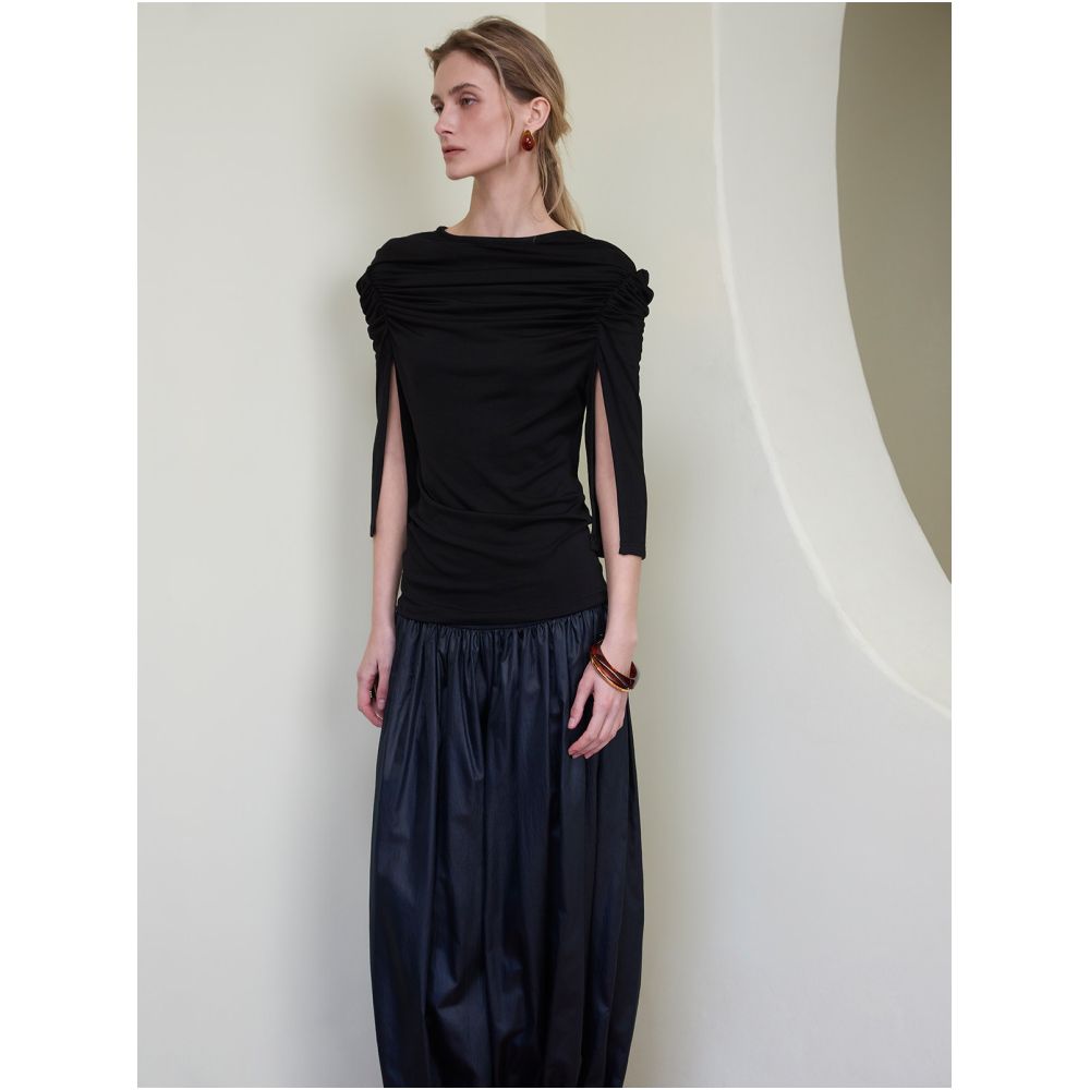 SIP CLASS Designer Brand Black Crew Neck Short Sleeve T Shirt Women s Top with Shoulder Pleats Slimming Waist and Mid Length Sleeves image 1