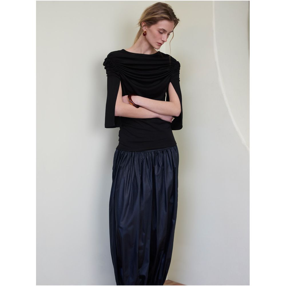 SIP CLASS Designer Brand Black Crew Neck Short Sleeve T Shirt Women s Top with Shoulder Pleats Slimming Waist and Mid Length Sleeves image 2